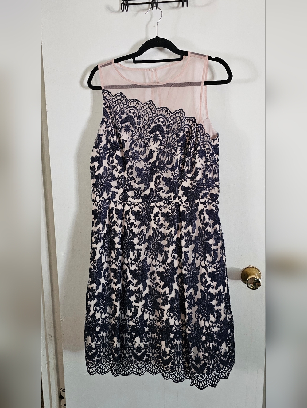 London Times Blush Pink and Navy Lace Overlay Dress